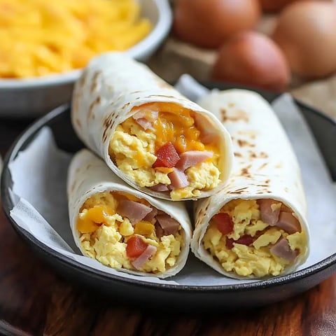 Three breakfast burritos filled with scrambled eggs, cheese, diced ham, and tomatoes are served on a black plate, with a bowl of shredded cheese and eggs in the background.