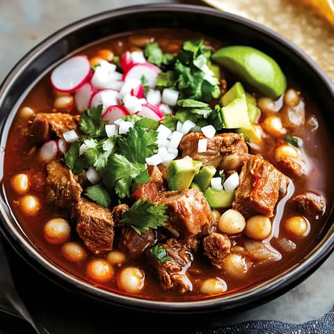 A bowl of hearty meat and hominy soup topped with radishes, avocado, cilantro, and lime wedges.