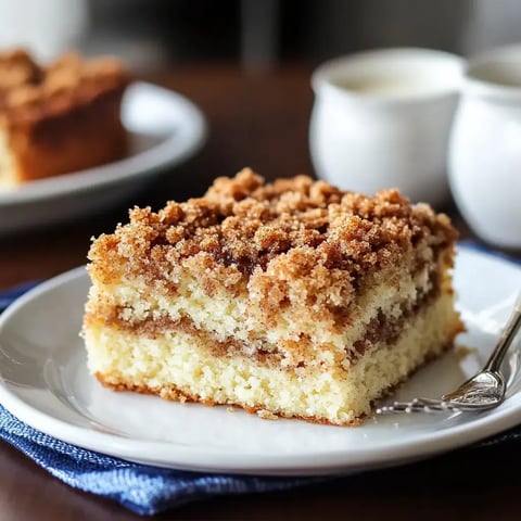 A slice of crumb cake with a cinnamon filling and a crumbly topping served on a white plate, alongside small bowls.