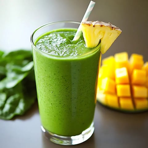 A tall glass of green smoothie, garnished with a slice of pineapple and a straw, with spinach leaves and diced mango in the background.