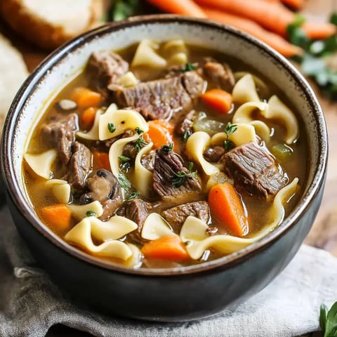 A bowl of hearty beef noodle soup containing pieces of beef, egg noodles, carrots, and herbs.