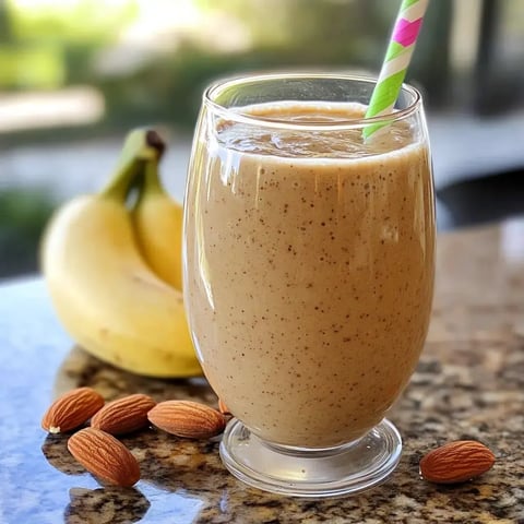 A smoothie in a glass with a straw is displayed alongside a peeled banana and scattered almonds on a countertop.