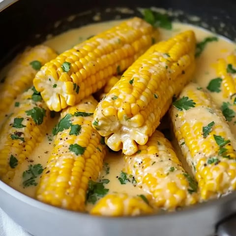 A close-up of fresh corn on the cob simmering in a creamy sauce, garnished with chopped cilantro.