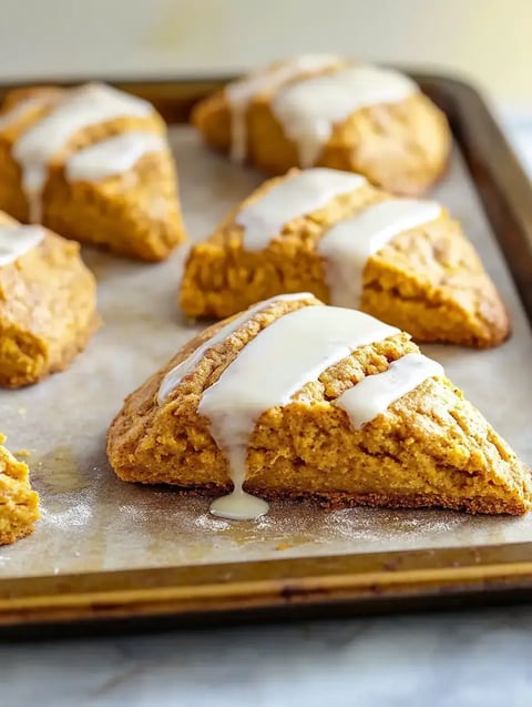 A tray of freshly baked pumpkin scones with a drizzle of white icing on top.