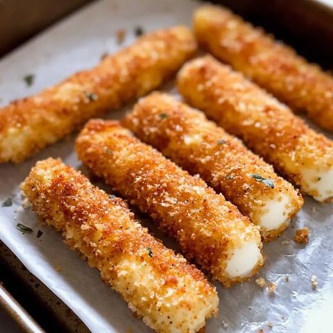 A close-up of several golden-brown, breaded mozzarella sticks arranged neatly on a parchment-lined baking tray.