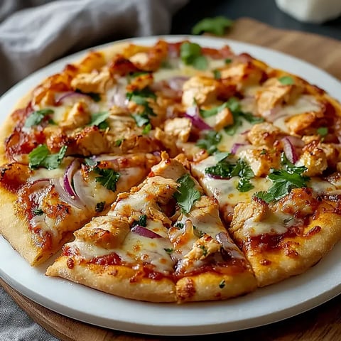 A freshly baked pizza topped with grilled chicken, red onions, mozzarella cheese, and garnished with cilantro, served on a white plate.