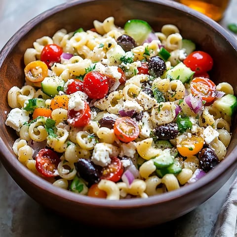 A bowl of colorful pasta salad featuring cherry tomatoes, cucumbers, olives, red onion, and crumbled feta cheese, garnished with herbs and black pepper.