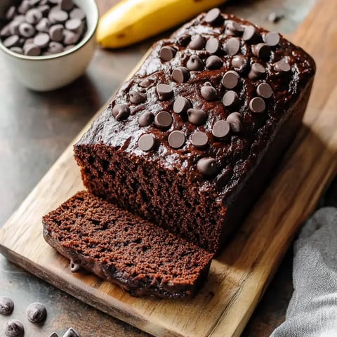 A delectable chocolate banana bread loaf topped with chocolate chips, with a slice cut out, resting on a wooden board.