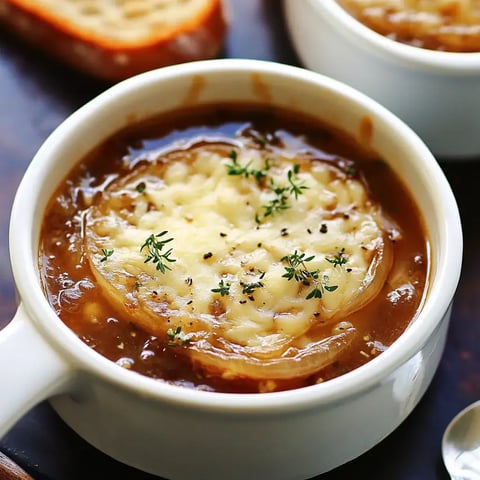 A bowl of French onion soup topped with melted cheese and fresh thyme, accompanied by a slice of toasted bread.