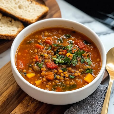 A bowl of hearty lentil soup topped with fresh herbs, accompanied by slices of bread on a wooden serving board.