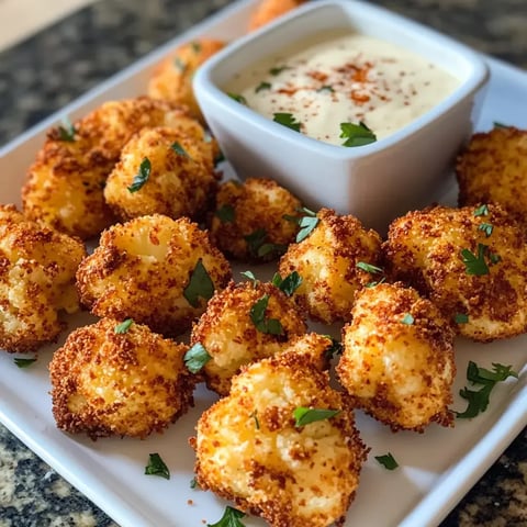 A plate of golden-brown, crispy cauliflower bites garnished with parsley, accompanied by a small bowl of dipping sauce.