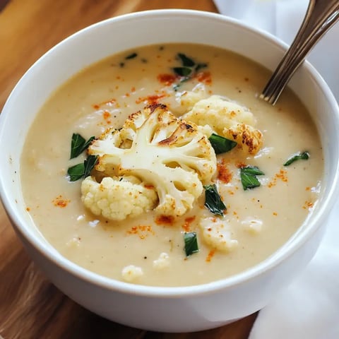 A bowl of creamy cauliflower soup garnished with roasted cauliflower florets and chopped parsley.