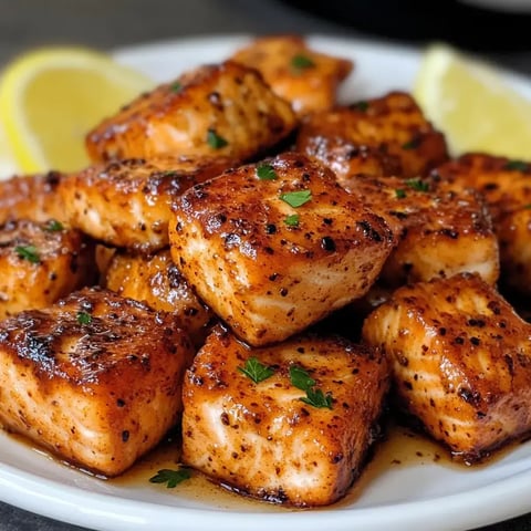 A plate of perfectly cooked, cubed salmon garnished with herbs and served with lemon wedges.