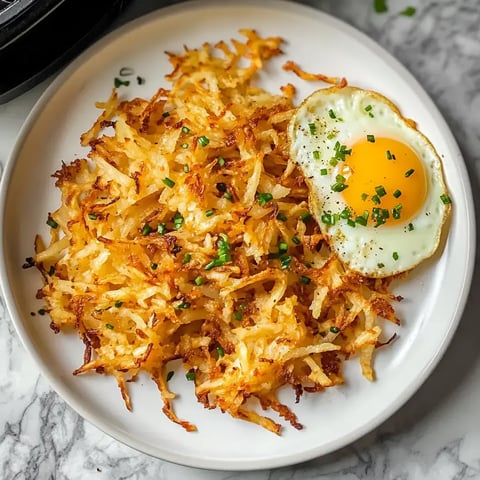 A plate of golden-brown hash browns topped with chopped chives and a fried egg with a runny yolk.