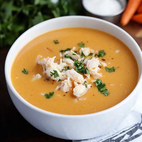 A bowl of creamy orange soup topped with shredded crab meat and chopped parsley, surrounded by fresh herbs and carrots.