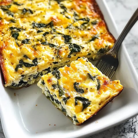 A slice of cheesy spinach casserole is served on a white plate with a fork resting beside it.