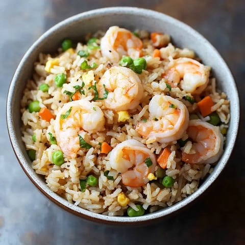 A bowl of shrimp fried rice with green peas, carrots, and egg mixed throughout.