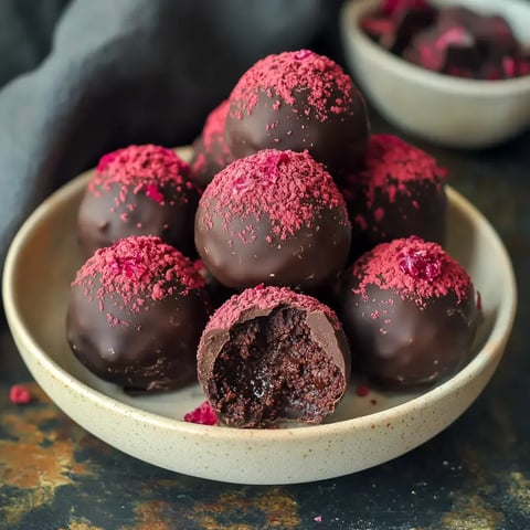 A plate of chocolate-covered truffles topped with raspberry powder, with one truffle partially bitten to show the rich filling inside.