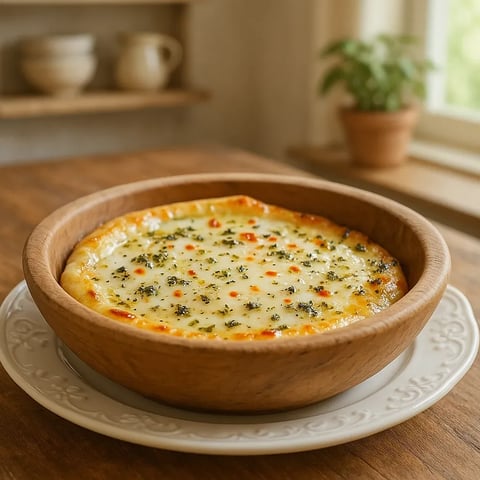 A bowl of food on a table.