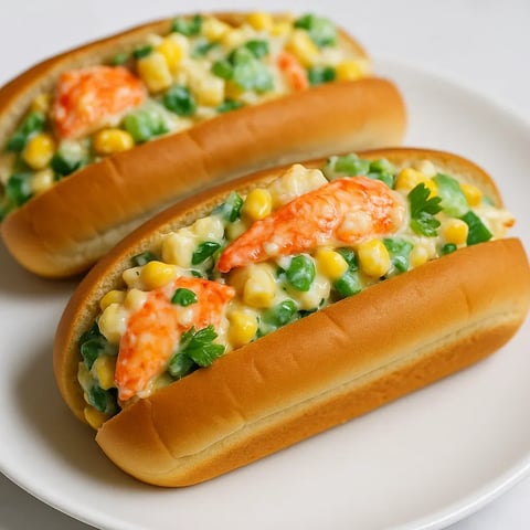 Two hot dogs with corn and lobster on a white plate.
