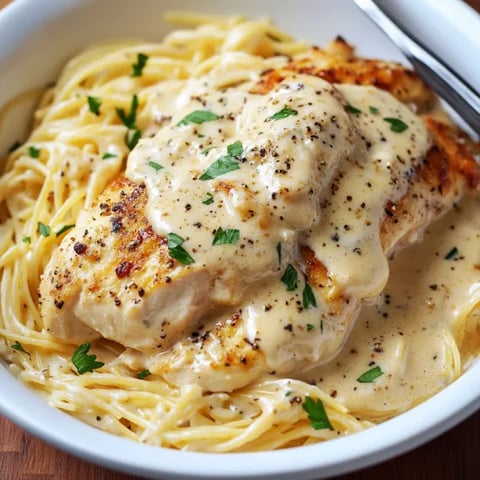 A bowl of pasta with chicken and sauce.